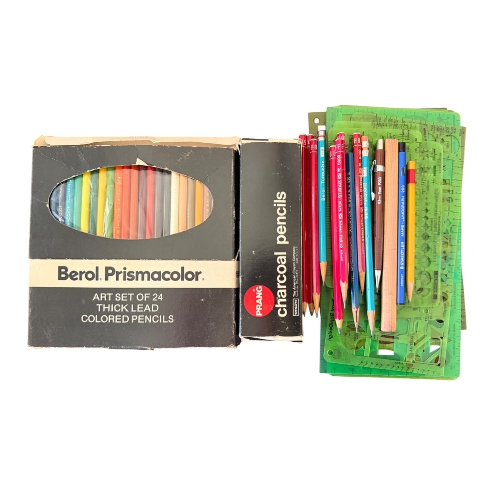 Vtg. Berol Prismacolor Pencils 24ct New Prang Charcoal Drafting Templates Art